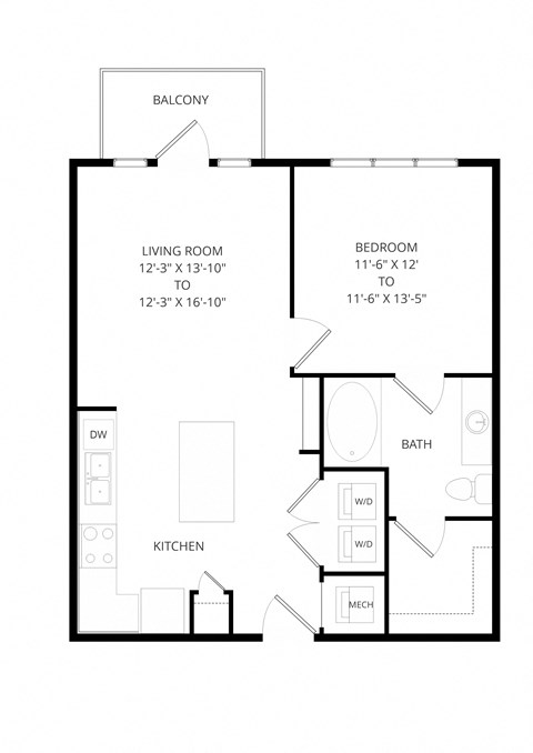 Floor plan for 1 bed, 1 bath, 715 sqft